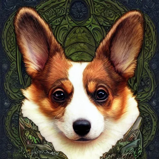 Prompt: a photograpic portrait of a corgi, fantasy, intricate, elegant, highly detailed, digital painting, artstation, concept art, smooth, sharp focus, illustration, art by artgerm and H R Giger and alphonse mucha