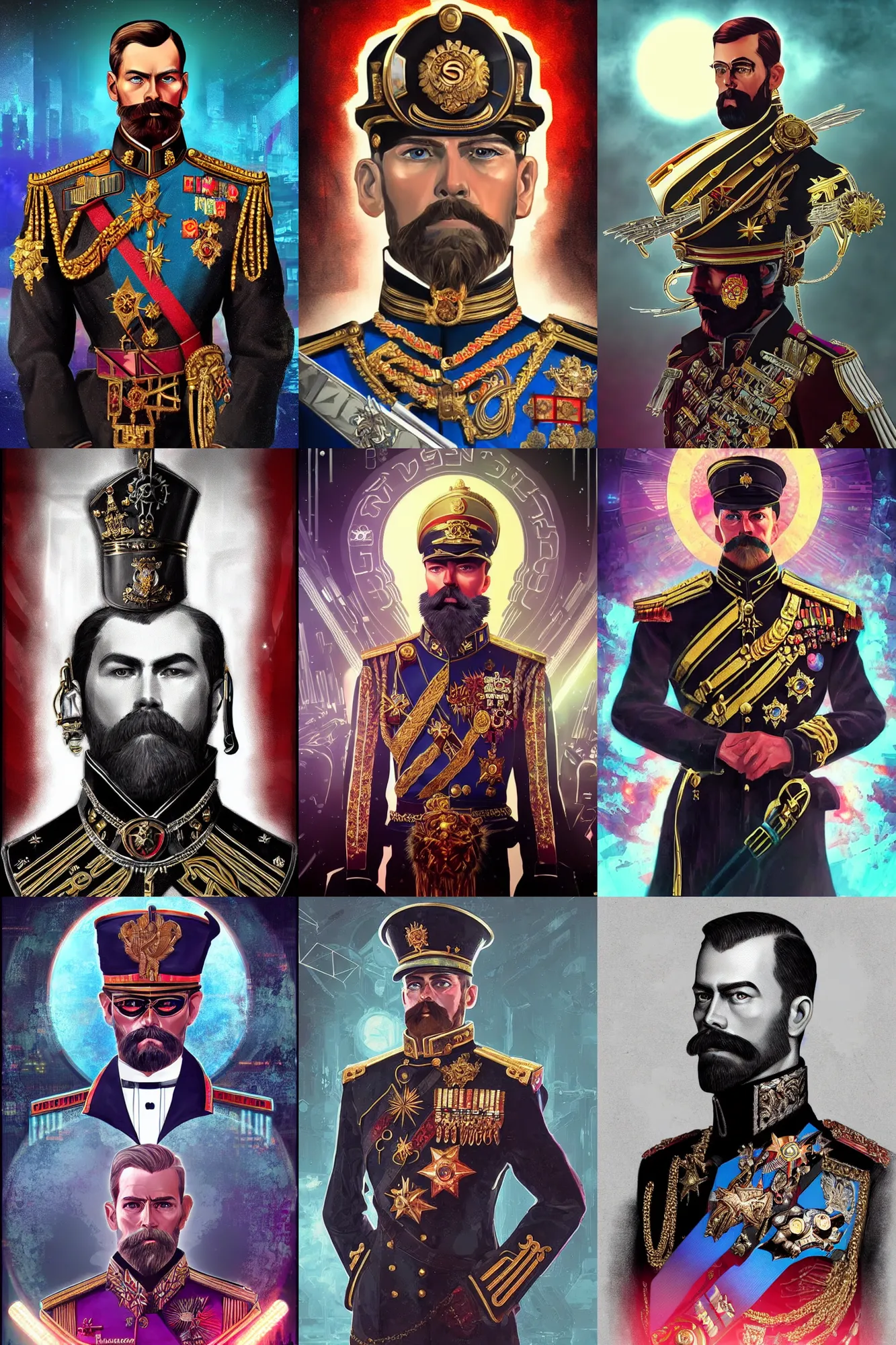 Prompt: Nicholas II of Russia, cyberpunk, synthwave, ornate, digital art, illustration, artstation, youtube, full body, black sun halo, in style of synthwave, warhammer