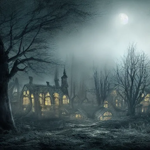 Prompt: haunted village surrounded by a dead forest, mist, moonlight, dark and gloomy, matte painting, ultra detailed, concept art