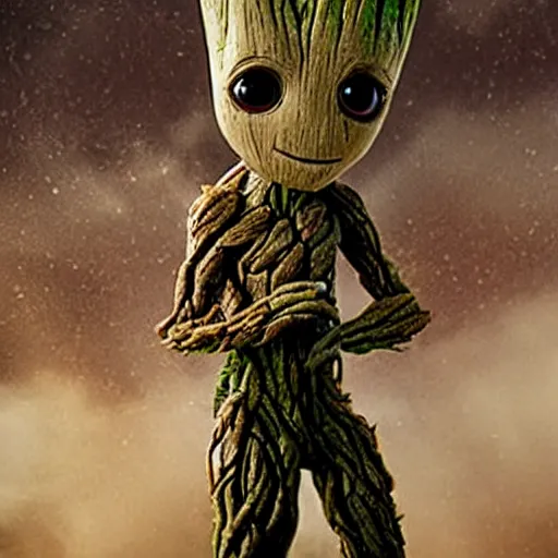 Prompt: groot drinking coffee