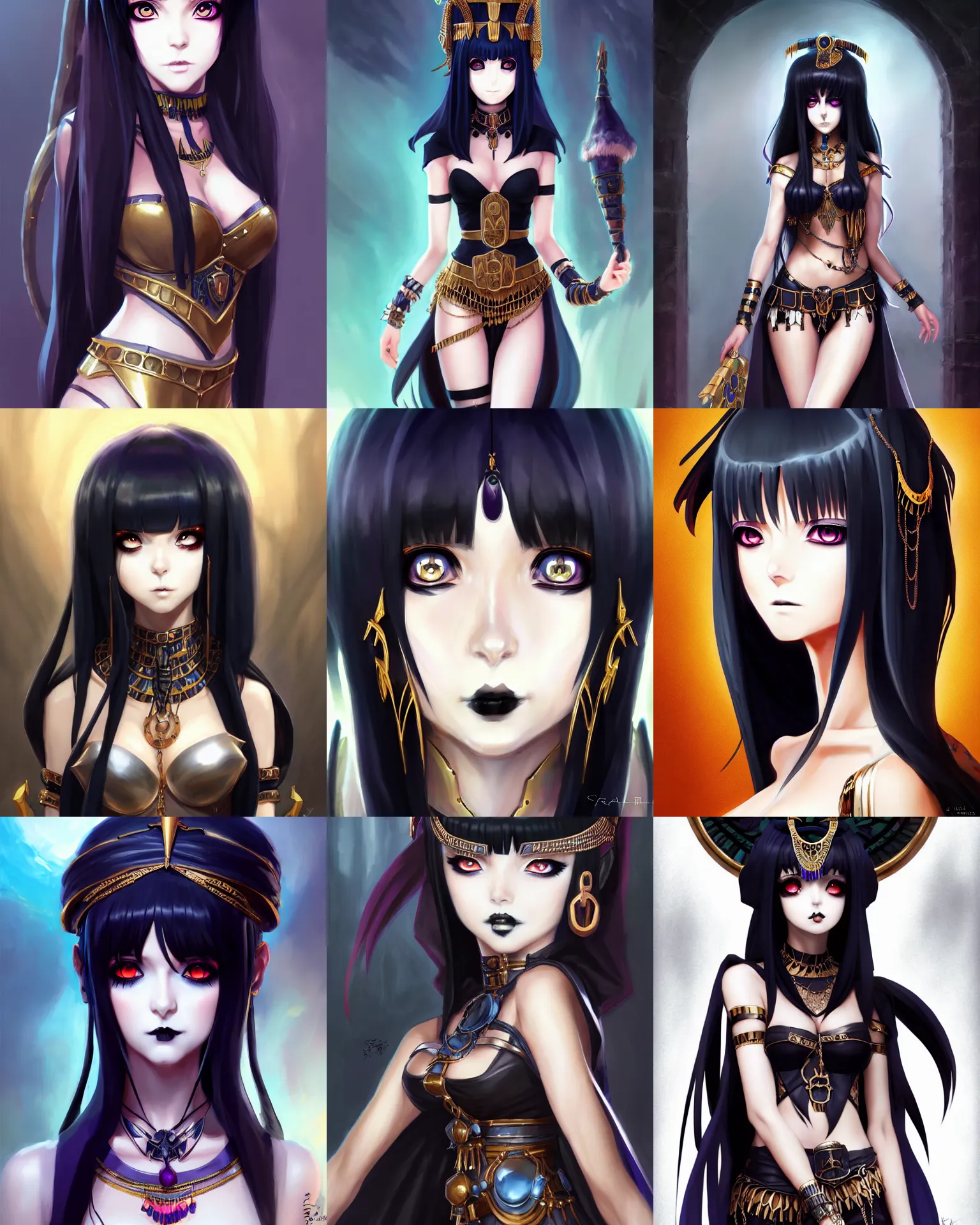 Prompt: Character concept art of a goth anime Cleopatra || cute-fine-face, pretty face, realistic shaded Perfect face, fine details by Stanley Artgerm Lau, WLOP, Rossdraws, James Jean, Andrei Riabovitchev, Marc Simonetti, and Sakimichan, tranding on artstation