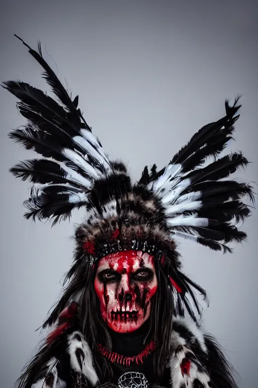 Image similar to the ghost - spirit of the grim - warpaint wears the scarlet skull armor and native blood headdress feathers, midnight fog - mist!, cinematic lighting, various refining methods, micro macro autofocus, ultra definition, award winning photo