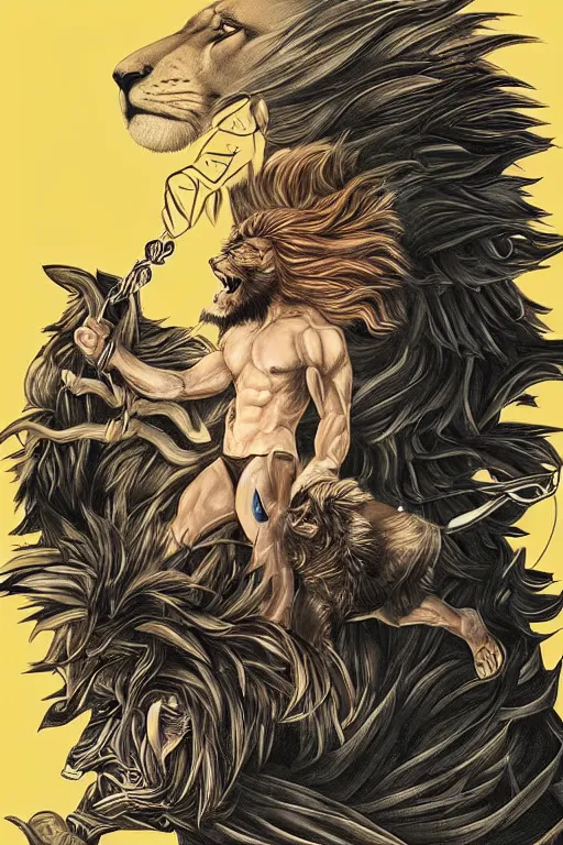 Image similar to hyperreality illustrator from karah mew in collaboration with jennifer mccord and tetsuya nomura, depicting hercules against the cremean lion, this image is very detailed and also very aesthetic, winning an award as the best pop art illustration of this century.