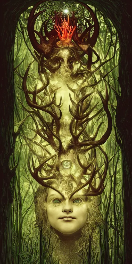 Image similar to intense bioluminescent pagan god with antlers and fangs and intense glowing eyes in very dark forest by mark ryden and alphonse mucha, portrait, fantasy, clear, light beams, lens flare, intense, uhd, amazing depth, cinematic lighting