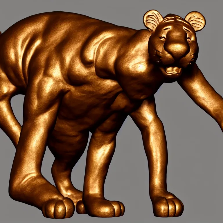 Image similar to bronze tigger statue, 3 d render, 3 d rendering, hdr, dynamic lighting, unreal engine, shiny, metallic