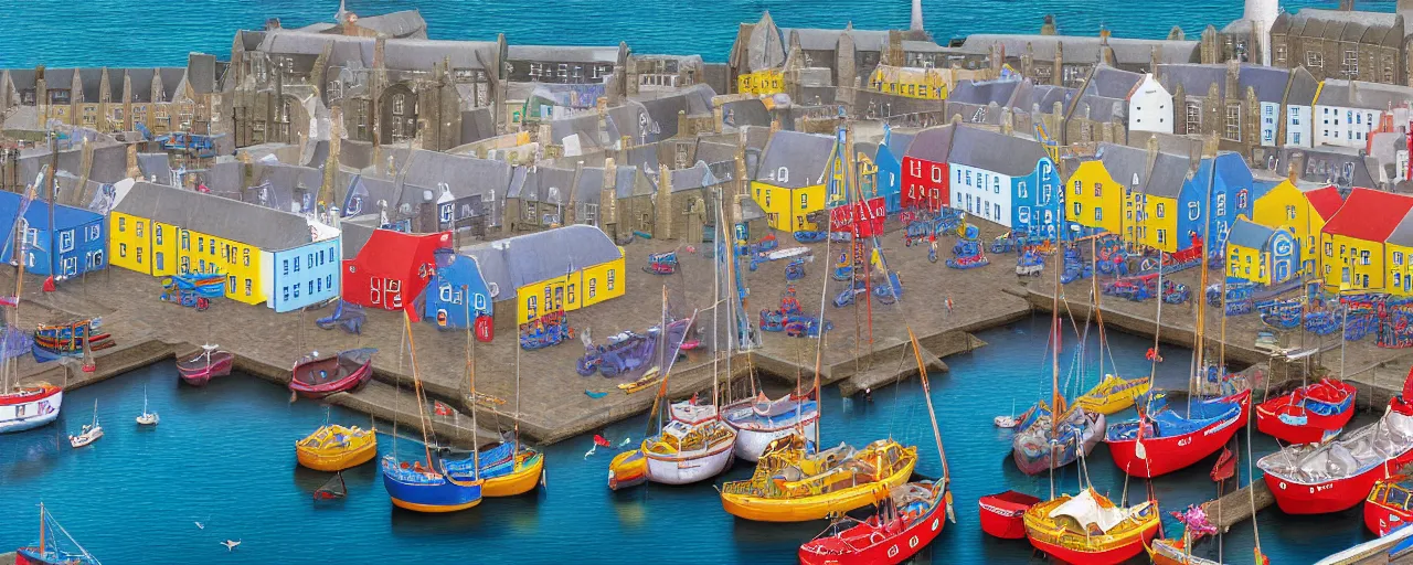 Prompt: a miniature diorama of the harbour at stromness orkney during shopping week, by kevin sloan, aerial view, colorful, busy crowds, fish market stalls, fairground rides, boats, calm sea, dutch masters, very detailed, octane render, cinematic lighting, 8 k, hd