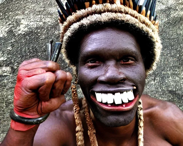 Image similar to zulu tribal warrior made out of teeth, american in a cage