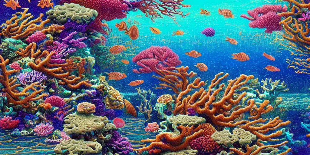 Prompt: Breath-taking beautiful deep sea coral reef and tropical fish, An aesthetically pleasing, dynamic, energetic, lively, complex, intricate, detailed, well-designed digital art of coral, tropical fish, light rays, ripples, light and shadow, overlaid with aizome patterns, Shin-hanga by Thomas Kinkade and Bob Ross, traditional Japanese colors, superior quality, masterpiece, featured, trending, award winning, HDR, HD, UHD, 4K, 8K, anamorphic widescreen