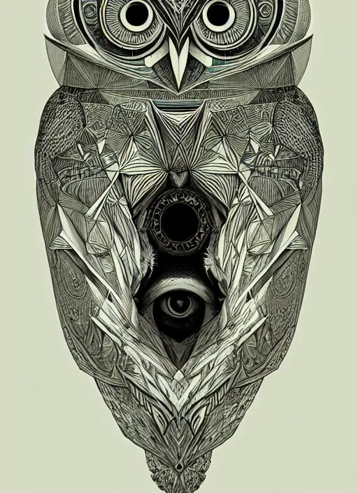 Image similar to portrait of a geometric owl, identical eyes, medium shot, illustration, full body made of white feathers, symmetrical, art stand, super detailed, cinematic lighting, and its detailed and intricate, gorgeous, by peter mohrbacher