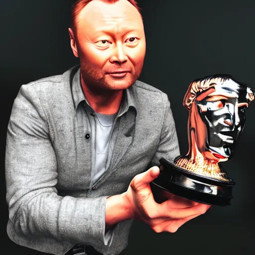 Image similar to limmy holding bafta award, realistic, wide shot, dramatic lighting, hyper realistic, high quality, highly detailed, hd, beautiful, cinematic, 8 k, unreal engine, facial accuracy, symmetrical,