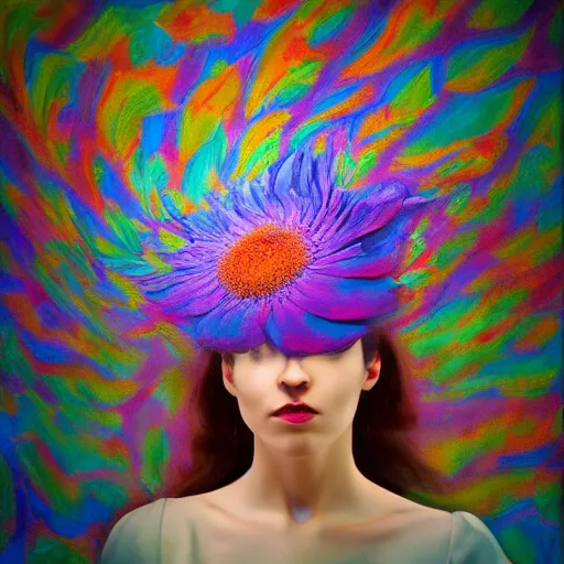 Image similar to huge flower as head, woman standing in a luxury apartment, surreal photography, dramatic light, impressionist painting, digital painting, artstation, georgia o'keeffe