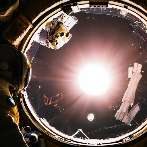 Image similar to photograph of an astronaut in space, singular light source from below, earth only visible below, darkness above, full body photo, amazing light and shadow contrast, 8 k