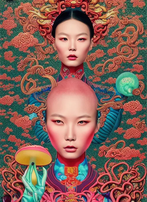 Image similar to pretty chinese model with hallucination mushroom : : by martine johanna and simon stalenhag and chie yoshii and casey weldon and wlop : : ornate, dynamic, particulate, rich colors, intricate, elegant, highly detailed, vogue, harper's bazaar art, fashion magazine, smooth, sharp focus,