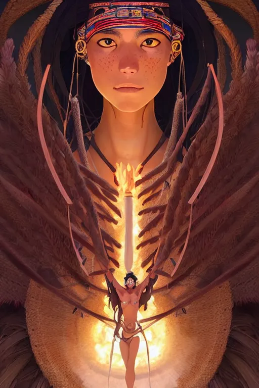 Prompt: woman of q'eros, peru amazon tribe, finely detailed perfect face, exquisite details, fire magic, mid view, design on a white background, by studio muti, greg rutkowski makoto shinkai takashi takeuchi studio ghibli