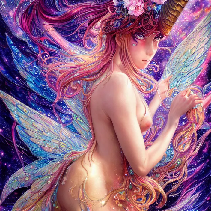 Image similar to ultra detailed illustration of a unicorn anime girl covered in liquid chrome, lost in a dreamy fairy multiverse, by Karol Bak, Johfra Bosschart, Andrew Thomas Huang, dan mumford, Druillet colorful, front view, vivid colors, 8k, coherent, artgerm, anime vibes, octane render, uplifting, magical composition, artstation