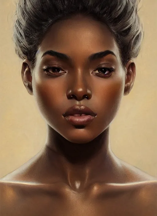 Image similar to portrait of a stunningly beautiful young black woman, highly detailed, 3 5 mm photo, artstation, concept art, sharp focus, 2 8 mm macro photo, art by artgerm and greg rutkowski and alphonse mucha, incredibly beautiful and symmetrical face, incredibly detailed, award winning art, royal