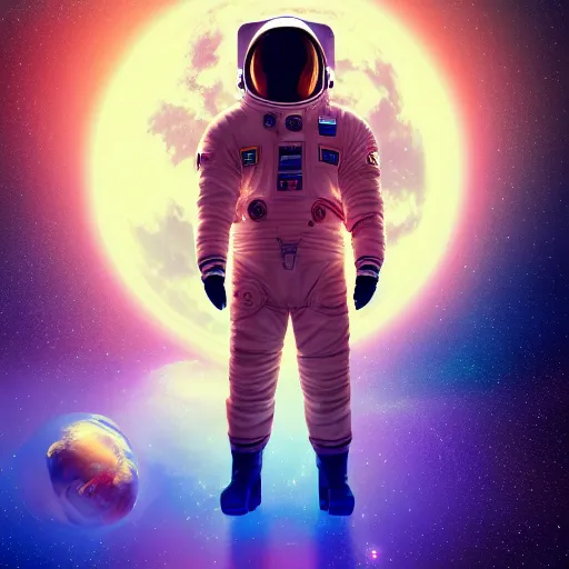 Prompt: wide angle full body of man in cosmos in space suit as unimaginably beautiful, gorgeous, elegant, young astronaut, anime, manga, kim jung gi, irakli nadar, bright colors, starts shining, intricate linework, white fur, unreal engine 5 highly rendered, global illumination, radiant light, detailed, golden hour