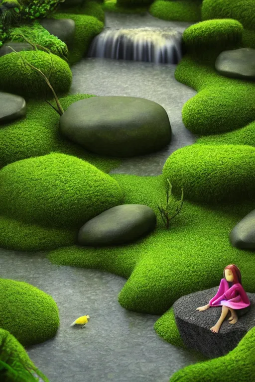 Image similar to hyper realistic render of a heavenly garden of peace, eden filled with trees, stone slab, colourful flowers, moss, ferns, a girl meditating at a distance, small stream or puddles, birds, trending on artstation, volumetric lighting, hyper realistic, hyper detailed, high quality render, blender guru,
