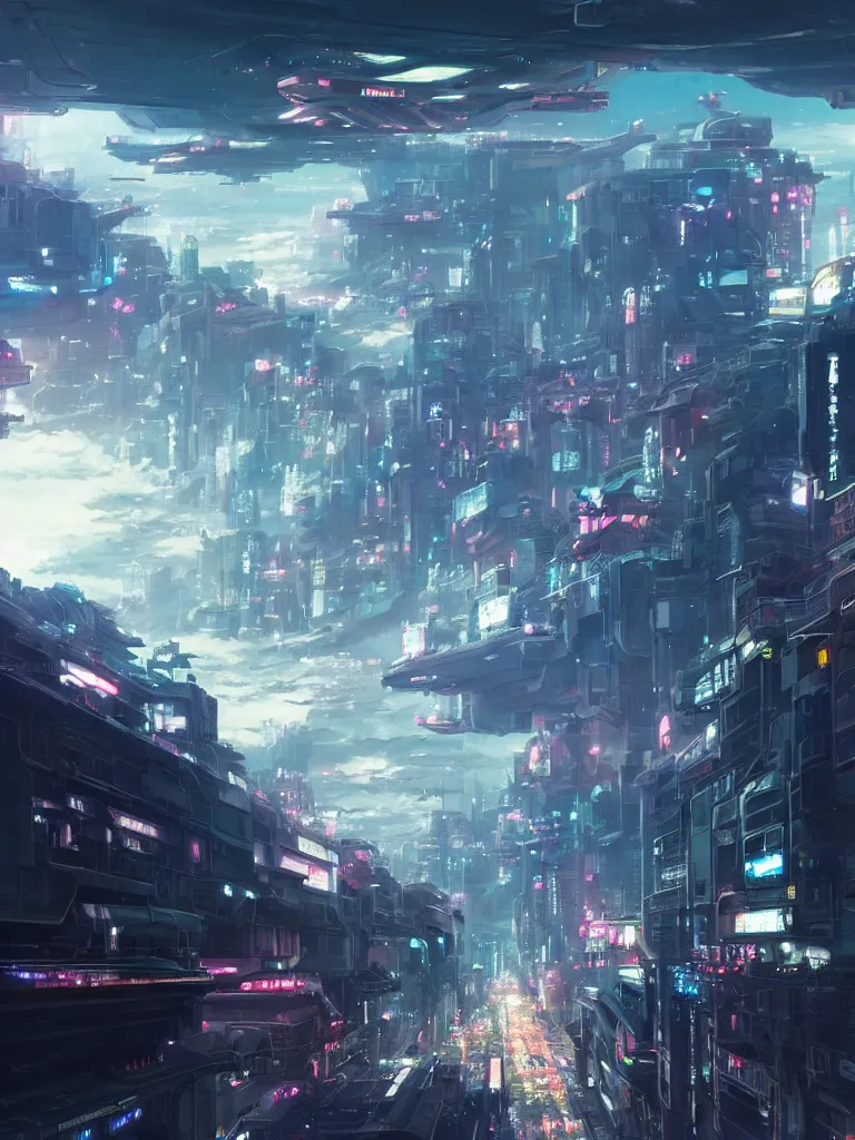 Image similar to Beautiful Epic scene of a beautiful gigantic futuristic military spacecraft carrier above a futuristic Tokyo style military city, by Greg Rutkowski and Krenz Cushart and Pan_Ren_Wei and Hongkun_st and Bo Chen and Enze Fu and WLOP and Alex Chow, Madhouse Inc., anime style, crepuscular rays, set in rainy futuristic cyberpunk Tokyo street, dapped light, dark fantasy, cgsociety, trending on artstation