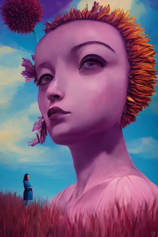 Image similar to closeup giant dahlia flower head, girl in a suit, surreal photography, blue sky, sunrise, dramatic light, impressionist painting, digital painting, artstation, simon stalenhag