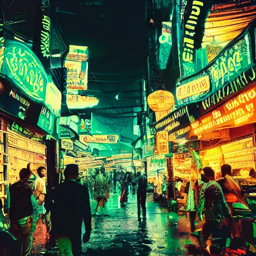 Image similar to cyberpunk black indian market, indoor in the style of blade runner, stands illuminated by greens neon lights, crowded with cyborgs photorealistic, 3 5 mm, grainy ruined film, dark color scheme, ray tracing, unreal engine, 4 k