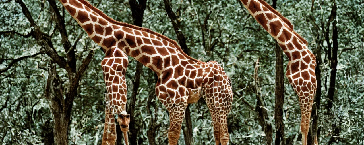 Prompt: a giraffe ( only 1 ) eating spaghetti off a tree, in the style of national geographic, canon 5 0 mm, kodachrome, retro, muted, visual noise