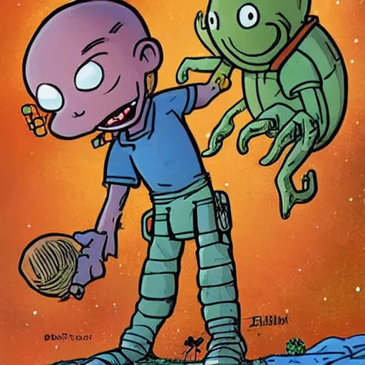 Image similar to artwork of bill watterson with space aliens.