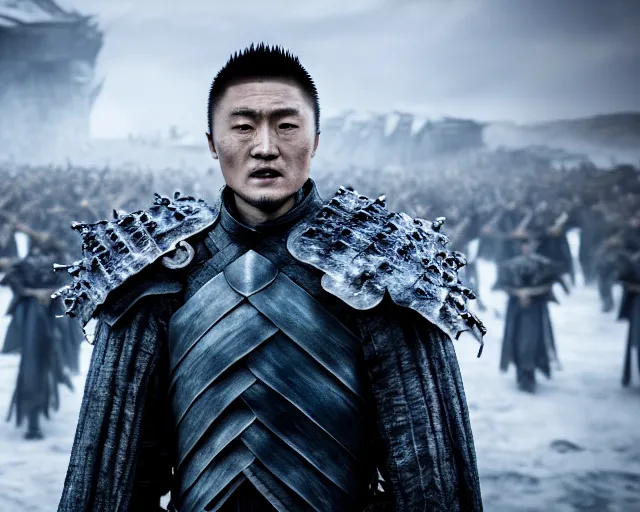 Prompt: justin sun as night king in game of thrones being swarmed by crimson - black bees, 4 k, epic, cinematic, focus, movie still, fantasy, extreme detail, atmospheric, dark colour, sharp focus