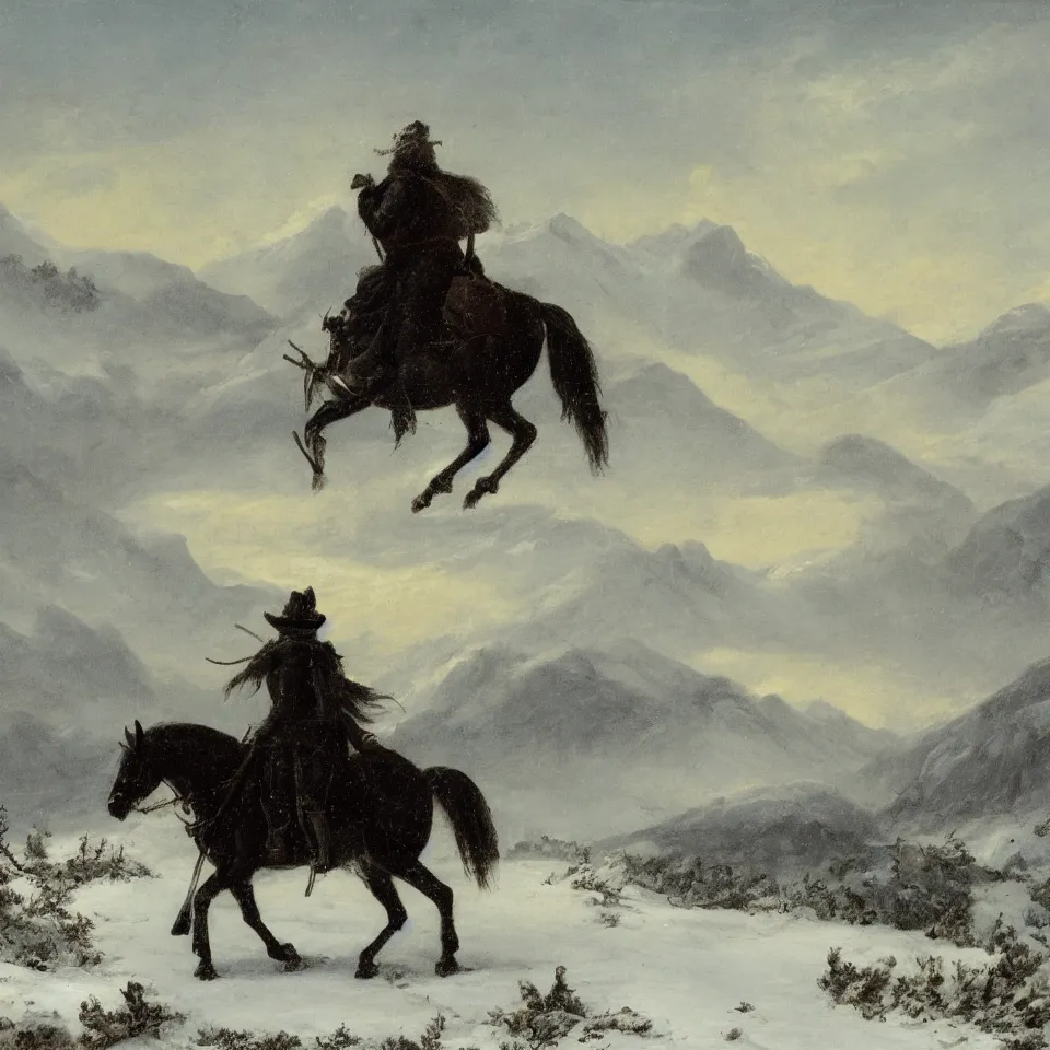 Prompt: dark figure on horseback in an icy landscape with snow covered mountains in the distance, Kristian Wåhlin,