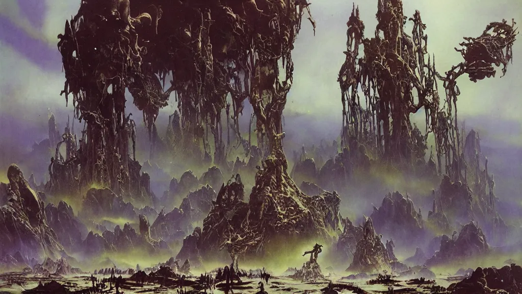 Image similar to surreal eerie alien planet empire with strange biomechanical plants by frank frazetta and bruce pennington, cinematic matte painting