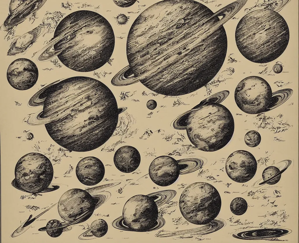 Prompt: sun and planets lithograph by adolphe millot