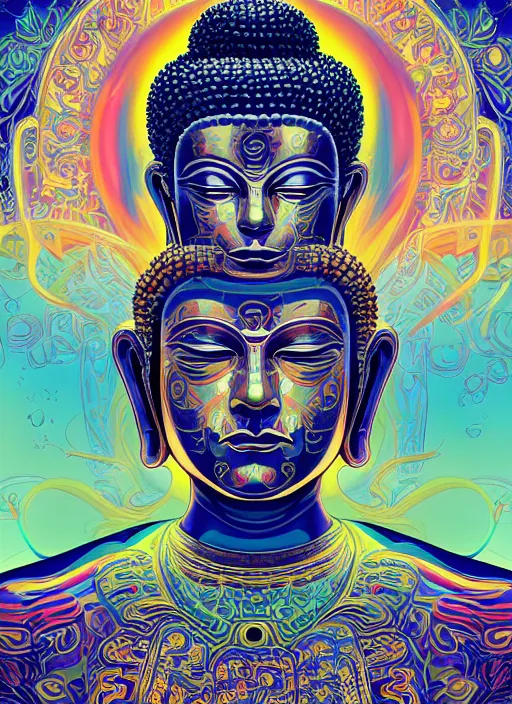 Image similar to portrait of a psychedelic buddha, digital painting masterpiece, advanced lighting technology, stylized yet realistic anatomy and face, gorgeous, by reiq and bengus and akiman and shigenori soejima and bastien vives and balak and michael sanlaville and jamie hewlett, 4 k wallpaper, cinematic, gorgeous brush strokes, coherent and smooth