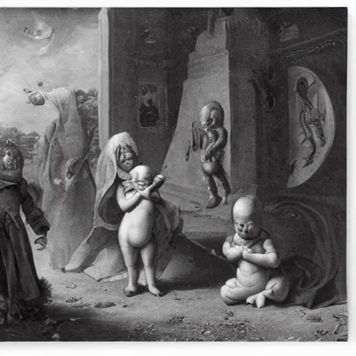 Image similar to alien kid see a human kid for the first time, maury, fink, aiken. by adriaen van ostade.