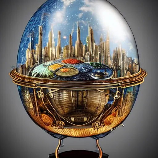 Prompt: enormous flying city in a faberge egg, sky, steampunk, fantasy art, masterpiece