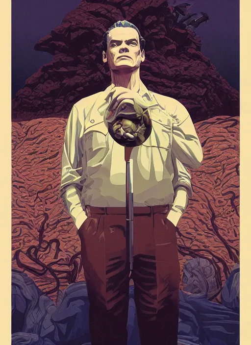 Prompt: Twin Peaks poster artwork by Michael Whelan and Tomer Hanuka, Karol Bak of portrait of Michael Shannon!! the local mechanic clerk discovering aliens, from Twin Peaks, clean, simple illustration, nostalgic, domestic, full of details