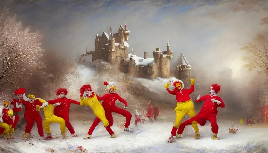 Image similar to highly detailed painting of a group of ronald mcdonalds with red afros, white facepaint, red noses and yellow tracksuits dancing outside a pink snowy scottish castle by william turner, by greg rutkowski, by william constable, thick brush strokes and visible paint layers, 4 k resolution