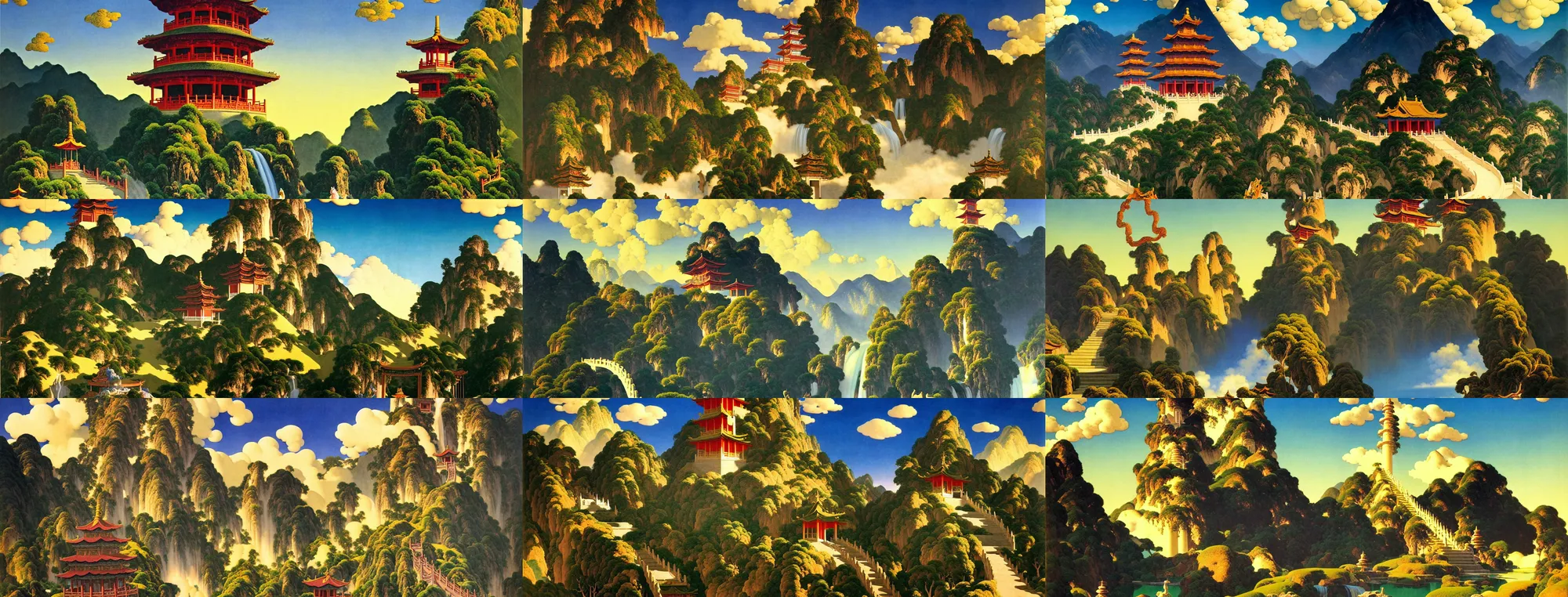 Prompt: a gorgeous painting by maxfield parrish. chinese hanging temple. yungang buddh. the winding steps. stone bridge. clouds in the wind!! ultra clear detailed. 3 d, octane render. water fall farom the mountain.