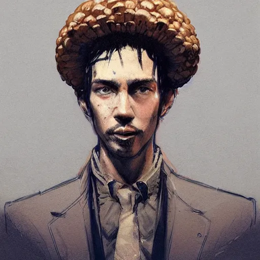 Prompt: bust portrait of a well - dressed mushroom man with a mushroom head, dramatic lighting, illustration by greg rutkowski, yoji shinkawa, 4 k, digital art, concept art, trending on artstation