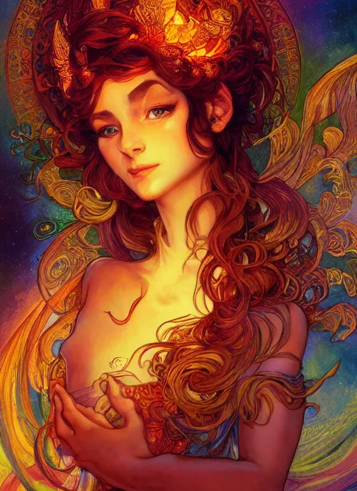 Image similar to Fire Goddess, ambient lighting, 4k, josephine wall, alphonse mucha, lois van baarle, ilya kuvshinov, rossdraws, artstation