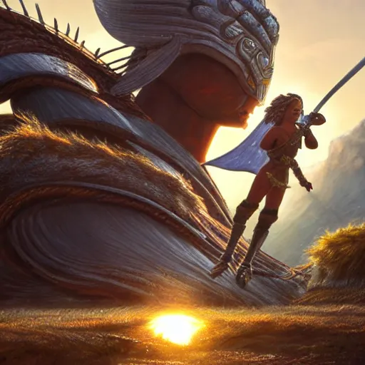 Image similar to a ultra detail picture portrait of A giant warrior in shimmering armor wielding a legendary sword, the sun at their back, strides forward with sword held high. They are the embodiment of courage and strength, and they are ready to fight for what is right. vivid tones, wide angle, by miyazaki, nausicaa ghibli, 8k, photorealistic,