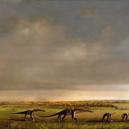 Image similar to group of hunters chasing a diplodocus in the plain, hyper-realist