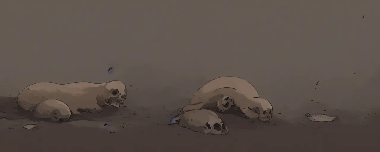 Image similar to seal bones and skull, in river mud, atey ghailan, goro fujita, studio ghibli, rim light, sad, dark lighting, clear focus, very coherent