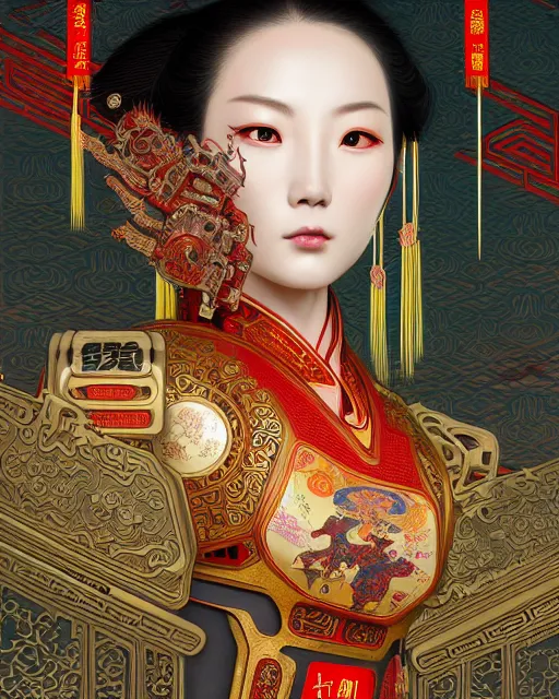 Image similar to portrait of a chinese cyberpunk machine, machine face, upper half portrait, decorated with chinese opera motifs, regal, asian, fine china, wuxia, traditional chinese art intricate intense elegant 京 剧 highly detailed digital painting artstation concept art smooth sharp focus illustration, art by artgerm and greg rutkowski alphonse mucha 8 k