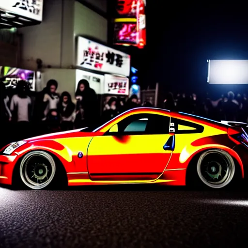 Image similar to a car 350Z twin turbo drift at illegal car meet, Shibuya prefecture, city midnight mist lights, cinematic lighting, photorealistic, highly detailed wheels, high detail