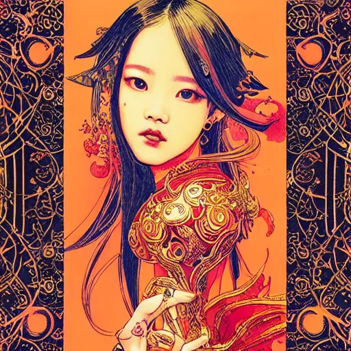 Image similar to jisoo + blackpink + elements + red + gold + neon + baroque + rococo + white + orange + ink + tarot card, ornate + by marc simonetti, paul pope, peter mohrbacher, detailed, intricate ink illustration + damask + award winning + 8 k