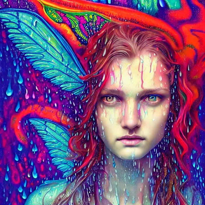 Image similar to bright psychedelic portrait with rain on face and wet hair, wings, smiling, diffuse lighting, fantasy, intricate, elegant, highly detailed, lifelike, photorealistic, digital painting, artstation, illustration, concept art, smooth, sharp focus, art by John Collier and Albert Aublet and Krenz Cushart and Artem Demura and Alphonse Mucha