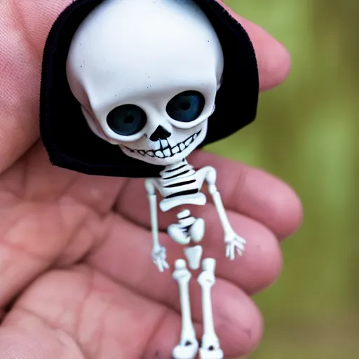 Image similar to an adorable simple ball jointed skeleton doll lovingly crafted by sclupted by hand from porcelain clay on a toy workbench, wearing a little bat poncho hoodie combo with jean shorts, worms eye view, macro camera lens, cinematic, focus