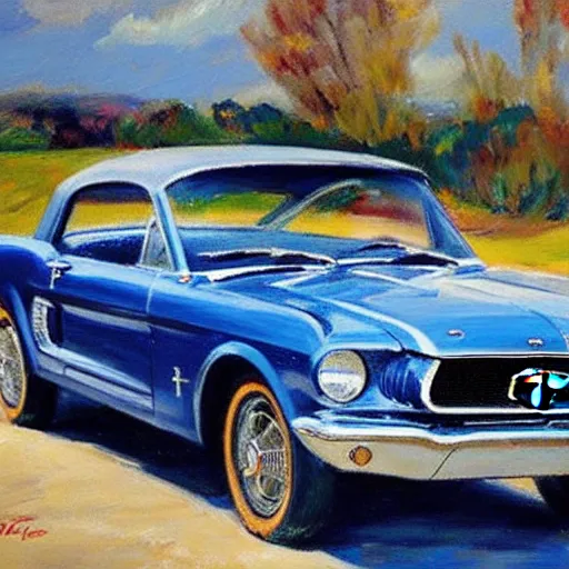 Prompt: Ford Mustang 1960, painting by Vladimir Volegov