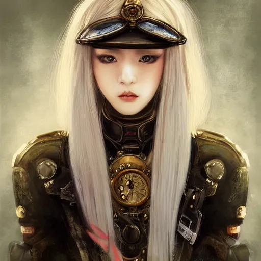 Prompt: portrait of a girl by ayami kojima, asian features, she is about 2 0 years old, long and straight white hair, petite and slim, she is wearing a steampunk tactical gear, highly detailed portrait, digital painting, artstation, concept art, smooth, sharp foccus ilustration, artstation hq