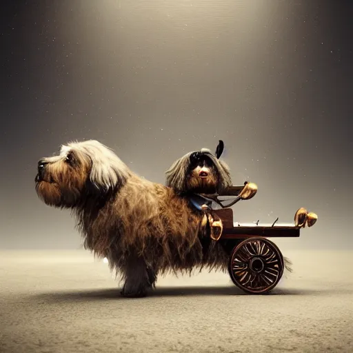 Prompt: little havanese dogs pulling a giant elegant carriage, trending on artstation, dramatic lighting, octane render, weta digital, micro details, 3 d sculpture, structure, ray trace, insane details, intricate, elite, ornate,